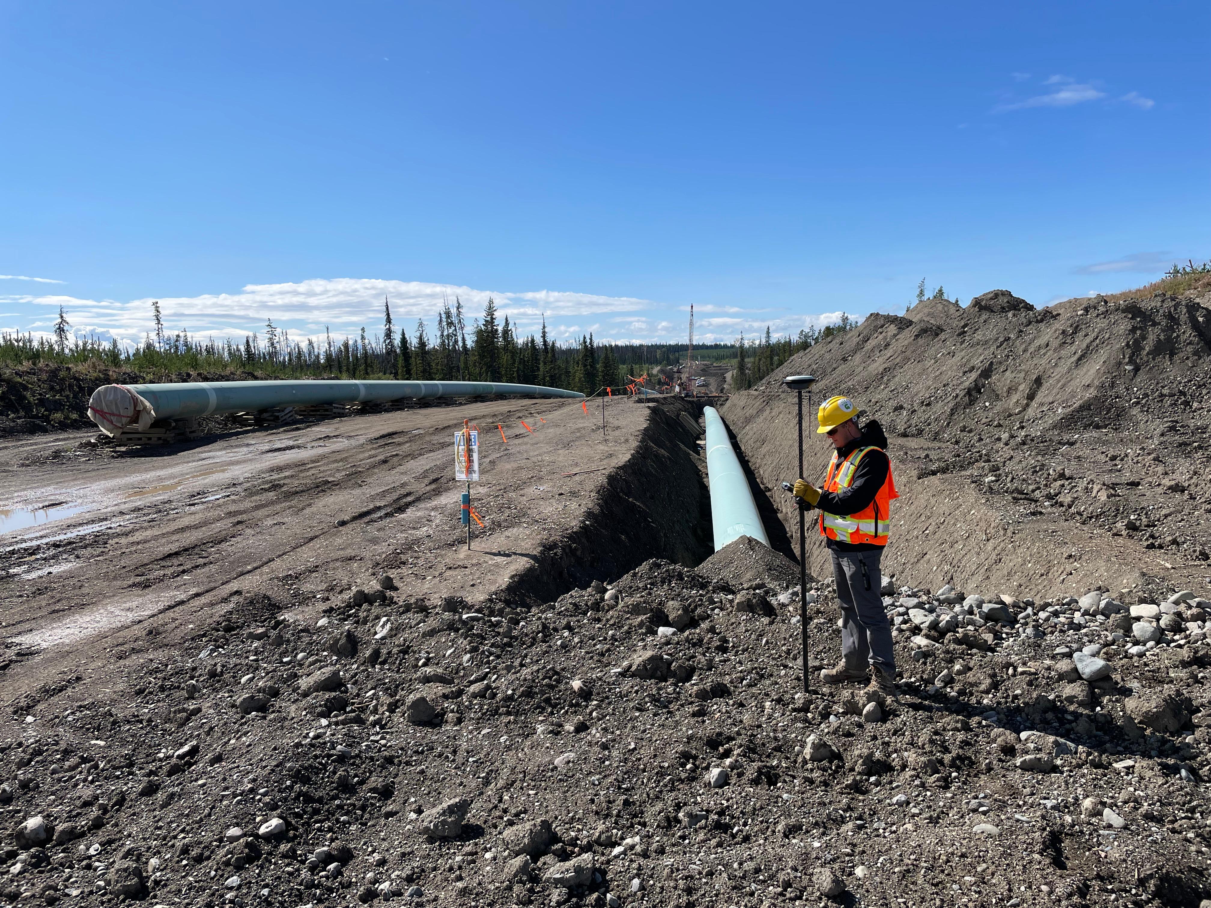 Survey crew inspecting a pipeline corridor